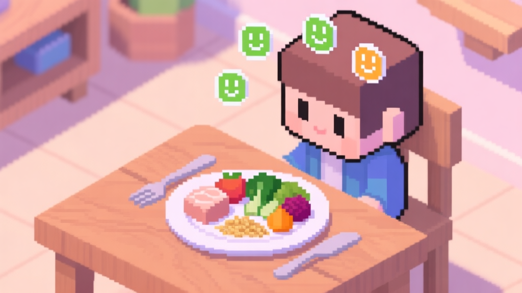 A cozy, isometric pixel art scene of a game character sitting at a wooden table with a perfectly arranged plate containing portions of protein, vegetables, grains, and fruit, with small positive status icons floating above their head, soft pastel color palette high quality illustration, detailed, 16:9