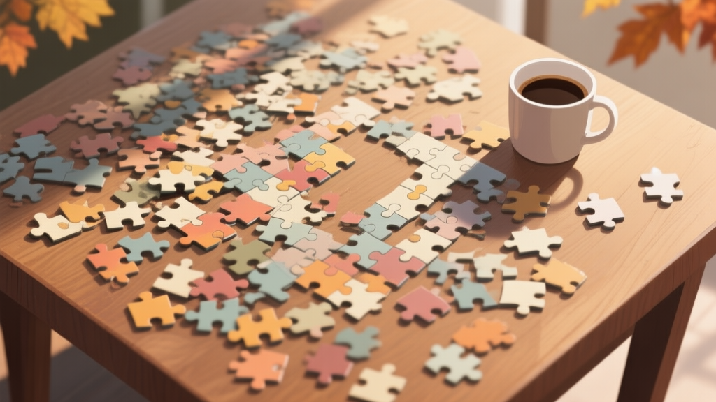 A top-down view of a chaotic jigsaw puzzle in progress on a wooden table, hundreds of scattered pieces with similar colors, soft natural lighting, a cup of coffee nearby, muted autumn color palette high quality illustration, detailed, 16:9