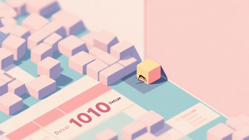 A minimalist, top-down view of a 1010 Deluxe game board in soft pastel colors, showing a cluttered arrangement of blocks with one highlighted block placed poorly in a corner, creating a sense of inefficiency and tension. high quality illustration, detailed, 16:9
