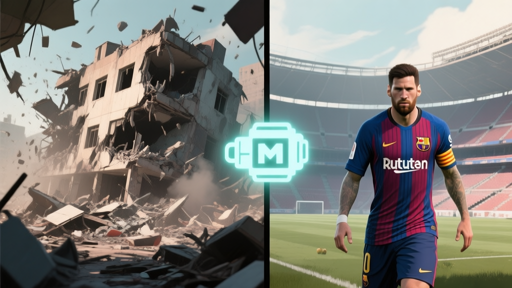 A split-screen image showing the chaotic destruction of a building in a war game on one side, and the intricate detail of a soccer player's jersey and stadium on the other, unified by a subtle, glowing engine logo in the center, soft color palette high quality illustration, detailed, 16:9