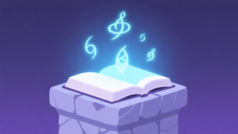 自动生成图片: A minimalist illustration of a glowing spellbook open on a stone pedestal, with ethereal magic symbols floating above it, soft blue and purple color scheme, flat design style high quality illustration, detailed, 16:9