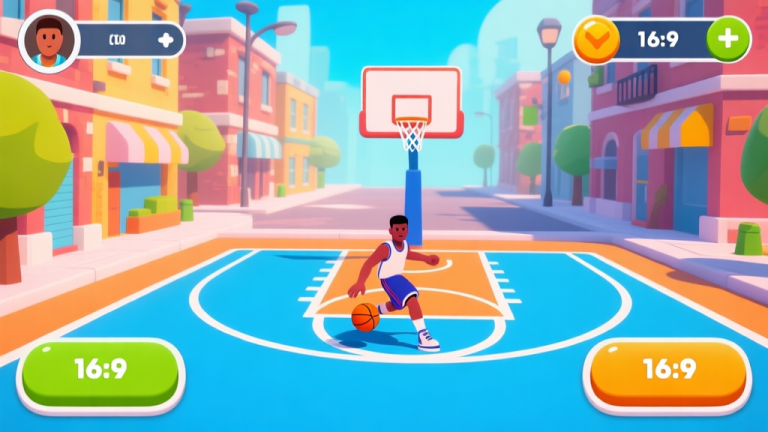 自动生成图片: A vibrant, stylized 2D mobile game screen showing a cartoonish street basketball court with a player performing a simple crossover dribble, clean UI with oversized buttons, in a bright and energetic color palette high quality illustration, detailed, 16:9