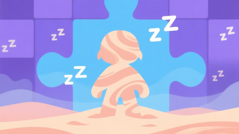 自动生成图片: A stylized, dreamlike video game character silhouette made of swirling sand, standing in a soft blue and purple puzzle-like environment, with sleep Zzz icons floating around, minimalist flat design high quality illustration, detailed, 16:9