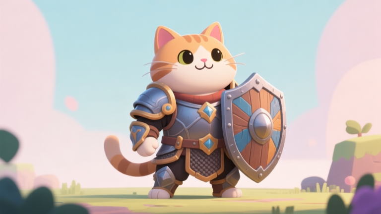 自动生成图片: A friendly, large cartoon cat character in fantasy armor standing in a game-like environment, holding a shield, soft pastel colors, simple background high quality illustration, detailed, 16:9