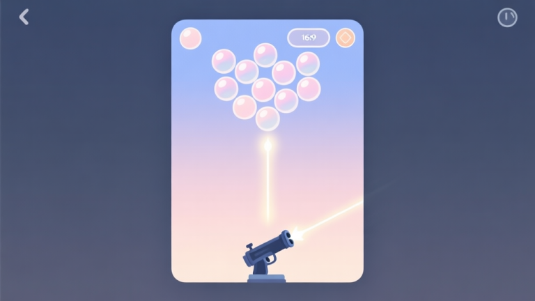 自动生成图片: A minimalist, calming illustration of a bubble shooter game interface in soft pastel colors, showing a neat cluster of bubbles at the top and a single cannon at the bottom, with a subtle glowing path predicting a shot's trajectory high quality illustration, detailed, 16:9