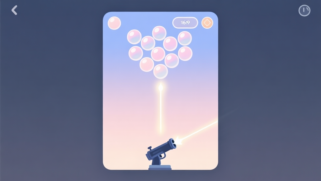 A minimalist, calming illustration of a bubble shooter game interface in soft pastel colors, showing a neat cluster of bubbles at the top and a single cannon at the bottom, with a subtle glowing path predicting a shot's trajectory high quality illustration, detailed, 16:9