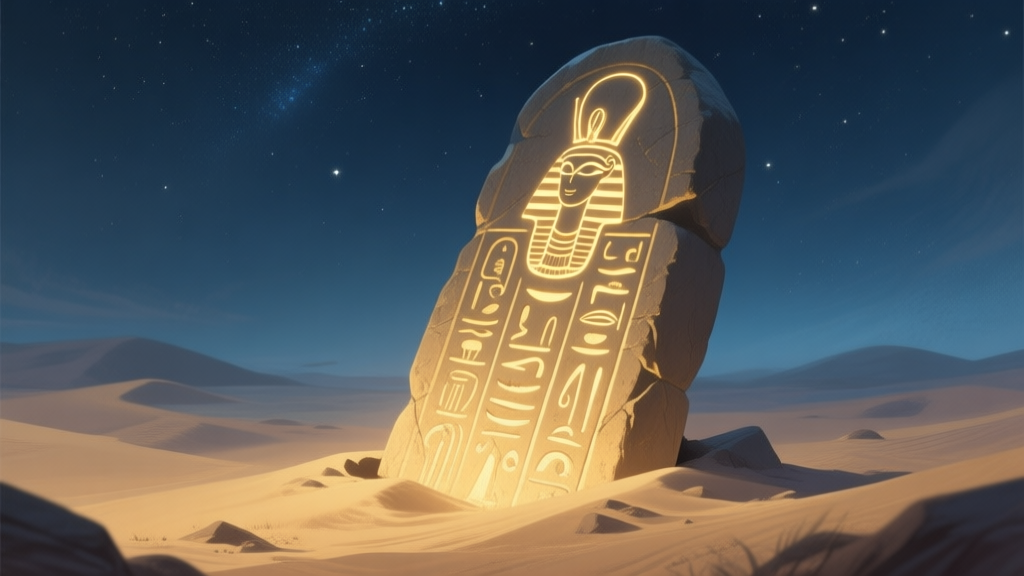 A mysterious ancient stone tablet with glowing Egyptian hieroglyphs, half-buried in desert sand, under a starry night sky, soft ambient lighting, muted gold and blue color palette high quality illustration, detailed, 16:9