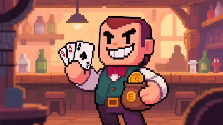 自动生成图片: A stylized, friendly-looking video game character with a mischievous smile, holding playing cards and a coin pouch, standing in a pixel-art tavern setting with a warm, soft color palette high quality illustration, detailed, 16:9