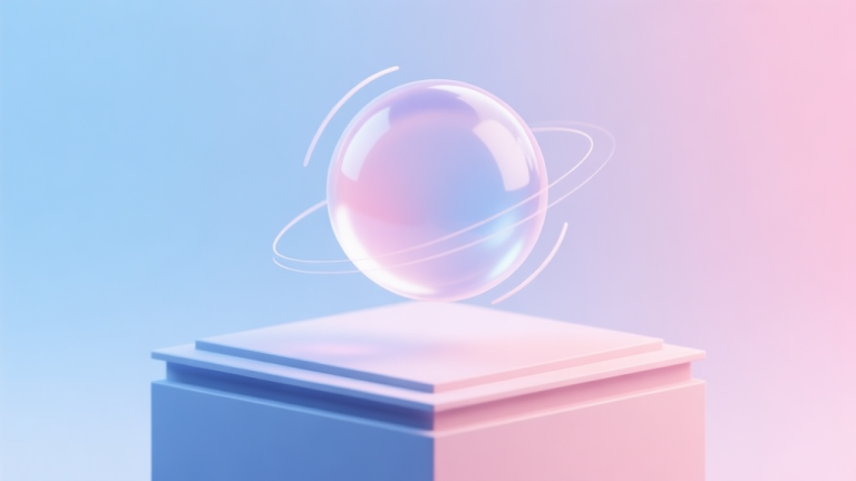 自动生成图片: A minimalist 3D illustration of a translucent jelly ball mid-bounce on a geometric platform, with subtle motion lines and a soft gradient background in pastel blue and pink, flat design style high quality illustration, detailed, 16:9