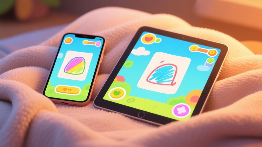 A cozy, inviting scene of a smartphone and a tablet on a soft blanket, both showing colorful, playful drawing game interfaces with simple sketches, warm and soft lighting high quality illustration, detailed, 16:9