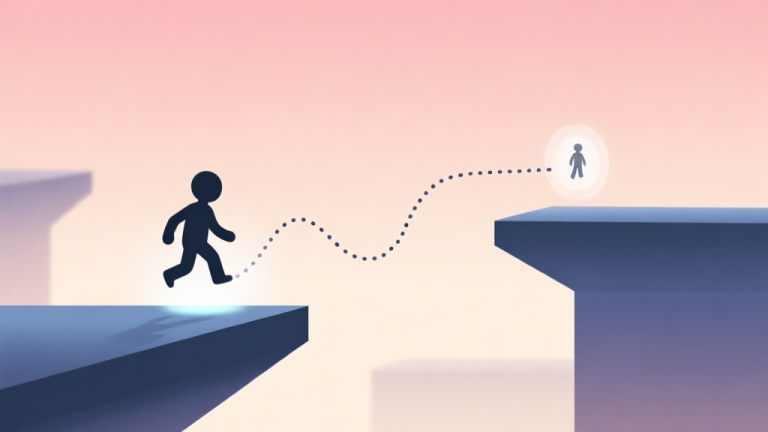 自动生成图片: A minimalist game scene showing a simple character silhouette mid-teleport, leaving a fading trail at the starting point and appearing at a destination point, with dotted line indicating the teleport path, on a soft gradient background with geometric platforms, calm color scheme high quality illustration, detailed, 16:9