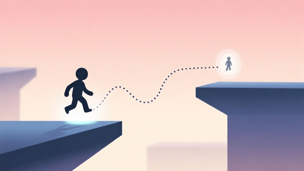 A minimalist game scene showing a simple character silhouette mid-teleport, leaving a fading trail at the starting point and appearing at a destination point, with dotted line indicating the teleport path, on a soft gradient background with geometric platforms, calm color scheme high quality illustration, detailed, 16:9