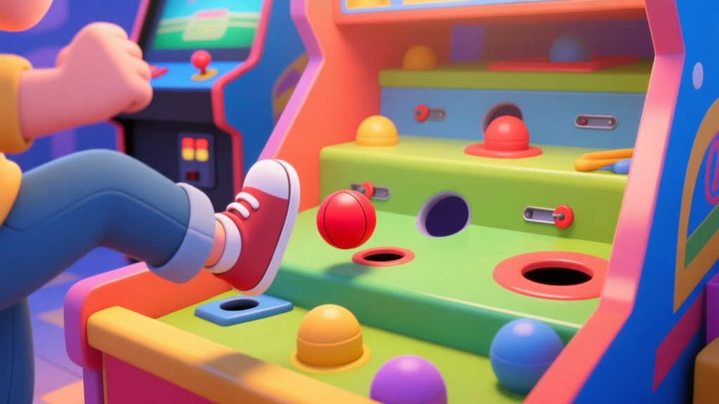 A vibrant, playful arcade scene showing a person's foot about to kick a small red ball into a colorful, multi-level playfield filled with bumpers, flippers, and holes, cartoon style, dynamic angle, soft lighting high quality illustration, detailed, 16:9