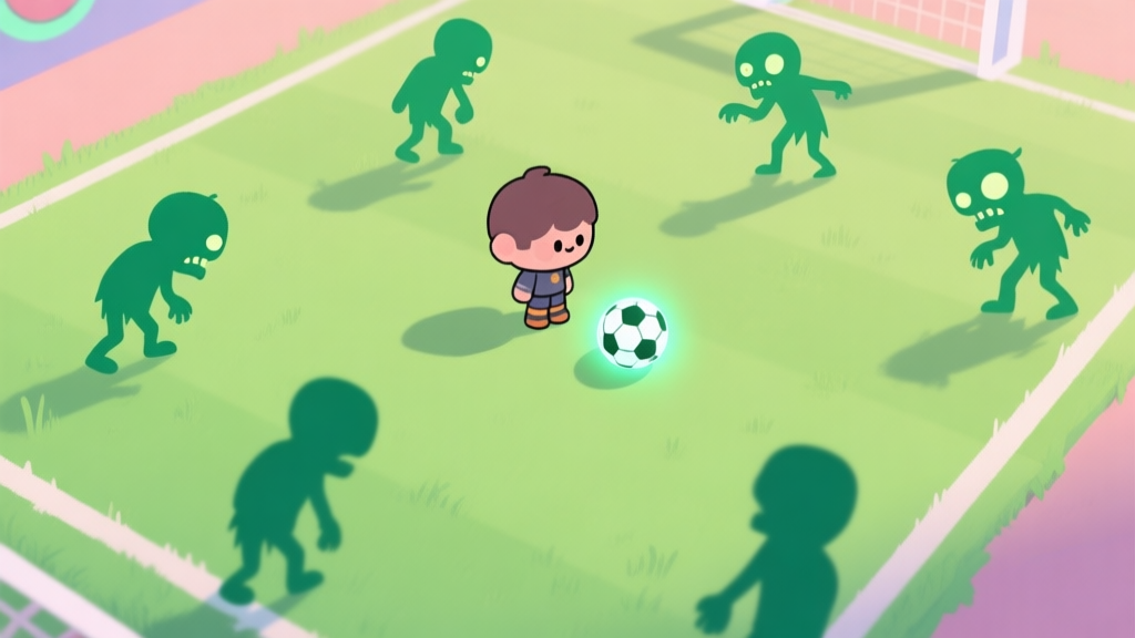 A top-down view of a vibrant, minimalist mobile game scene. A small cartoon character stands in the center, surrounded by a few slow-moving green zombie silhouettes. A glowing soccer ball is at the character's feet, on a simple grassy field with a clear boundary line. Soft pastel colors dominate the scene. high quality illustration, detailed, 16:9