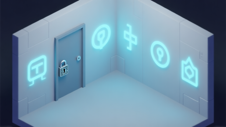自动生成图片: A minimalist, isometric view of a mysterious digital room with glowing symbols on the walls, a single door with a complex lock, soft blue and grey color palette, clean lines, evoking a sense of calm puzzle-solving high quality illustration, detailed, 16:9