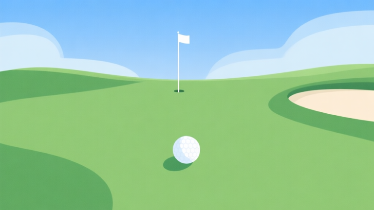 自动生成图片: A serene, minimalist golf course from a top-down perspective with a single white ball on lush green grass, a clear blue sky with soft clouds, and a distant flag. The art style is clean, vector-based with a soft color palette. high quality illustration, detailed, 16:9