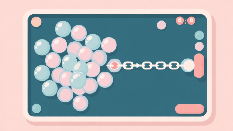 自动生成图片: A minimalist, top-down view of a bubble shooter game board in soft pastel colors, showing a complex cluster of bubbles with one strategic shot trajectory line predicting a large chain reaction, flat design style high quality illustration, detailed, 16:9