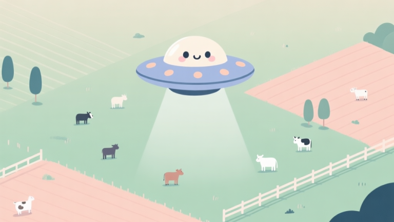 自动生成图片: A minimalist, top-down view of a cute UFO hovering over a simple farm landscape with scattered animals, soft pastel colors, clean lines, conveying a sense of calm strategy high quality illustration, detailed, 16:9