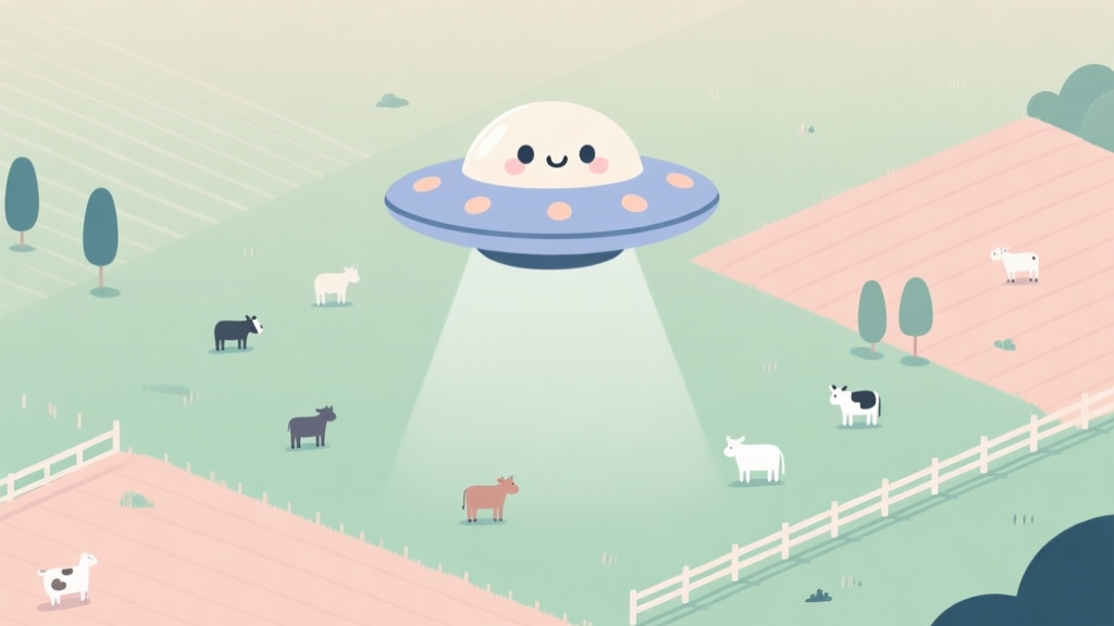 A minimalist, top-down view of a cute UFO hovering over a simple farm landscape with scattered animals, soft pastel colors, clean lines, conveying a sense of calm strategy high quality illustration, detailed, 16:9
