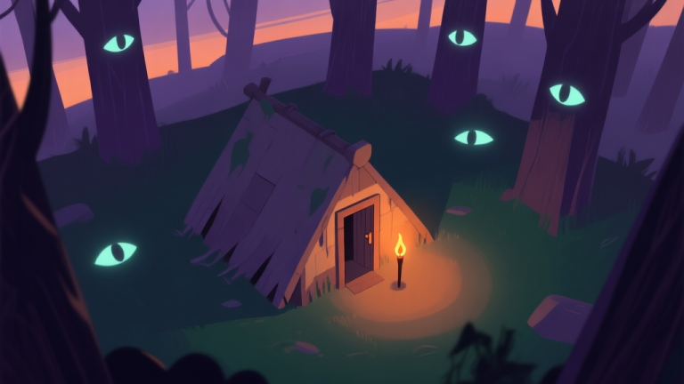 自动生成图片: A top-down view of a minimalist, slightly tense game scene at dusk. A small, vulnerable-looking shelter is surrounded by faint glowing eyes in a dark forest, with a single lit torch by the door. Soft, muted colors of purple, dark green, and orange dominate. high quality illustration, detailed, 16:9