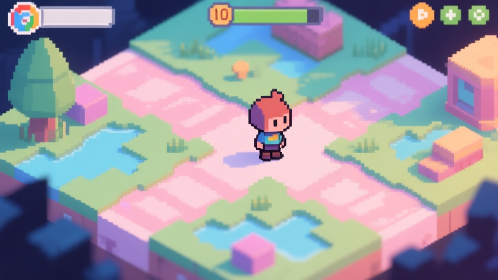 A cozy, isometric view of a colorful browser game scene with a small cartoon character standing at a crossroads on a pixelated map, soft pastel color palette, inviting and slightly mysterious atmosphere high quality illustration, detailed, 16:9