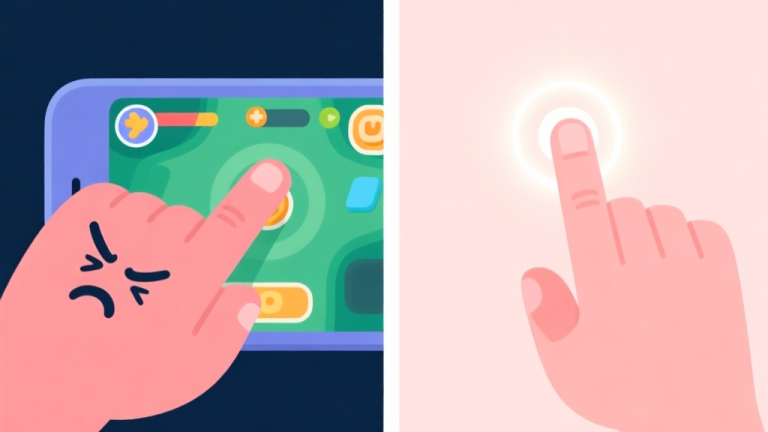 自动生成图片: A split-screen illustration showing a frustrated hand tapping randomly on a mobile game on one side, and a calm, precise hand with a subtle glow making a perfect tap on the other side, soft pastel colors, clean lines high quality illustration, detailed, 16:9
