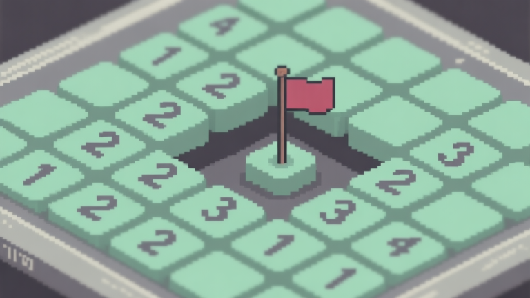 自动生成图片: A close-up view of a classic Minesweeper game board mid-game, showing a cluster of numbered tiles (1s, 2s, and a 3) around an unopened area, with a single flag placed. Soft pixel-art style, muted green and gray color palette, focused and logical atmosphere high quality illustration, detailed, 16:9