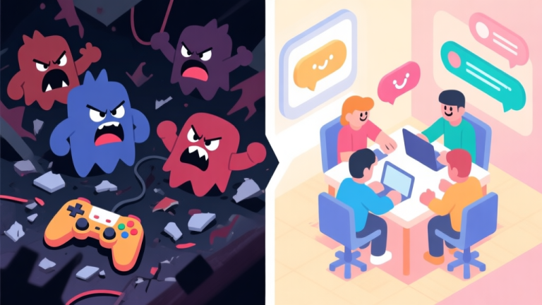 自动生成图片: Split-screen illustration showing contrast in gaming experiences. Left side: dark, chaotic scene with angry cartoon avatars and broken controllers. Right side: bright, cooperative scene with avatars working together and positive chat bubbles. Soft color palette, isometric view high quality illustration, detailed, 16:9