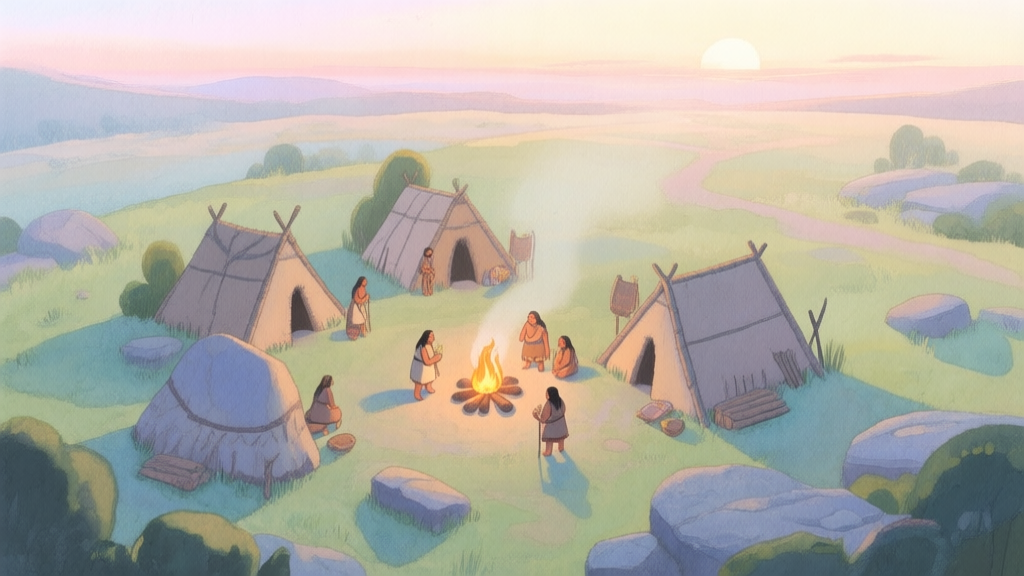 A serene, top-down view of a small Stone Age settlement at dawn, with a few simple huts, a campfire, and tiny villagers starting their day, soft pastel colors, watercolor style high quality illustration, detailed, 16:9
