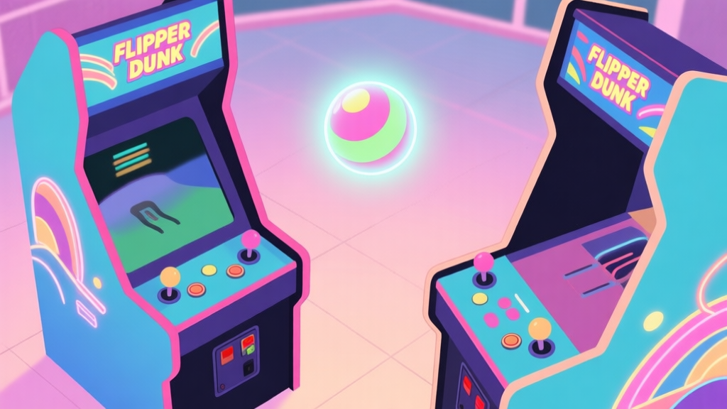A dynamic, top-down view of a vibrant Flipper Dunk arcade cabinet, with a glowing ball in mid-air between two flippers, soft neon glow, pastel color palette, clean lines high quality illustration, detailed, 16:9