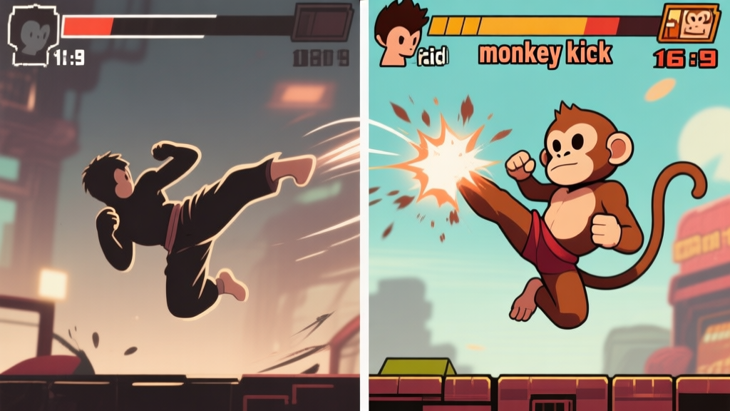 Side-by-side comparison of a failed jump kick and a successful "monkey kick" in a 2D arcade game scene, showing trajectory differences, with soft highlights on the successful impact, muted color palette high quality illustration, detailed, 16:9