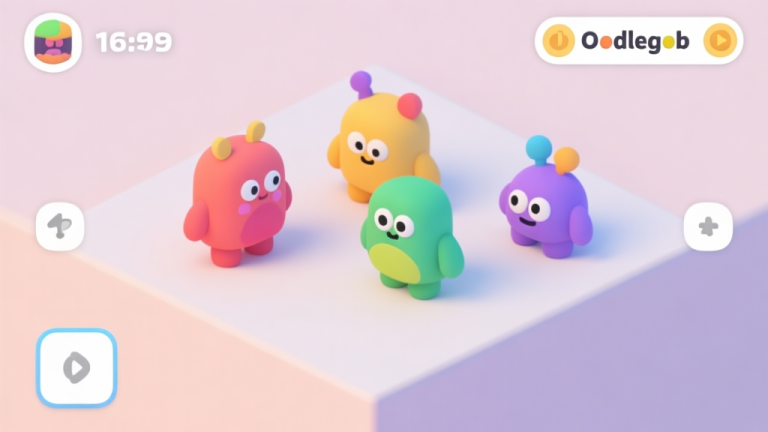 自动生成图片: A clean, minimalist game interface showing colorful Oodlegob creatures and simple interaction icons on a soft pastel background, isometric view, friendly and inviting atmosphere high quality illustration, detailed, 16:9