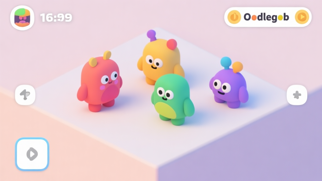 A clean, minimalist game interface showing colorful Oodlegob creatures and simple interaction icons on a soft pastel background, isometric view, friendly and inviting atmosphere high quality illustration, detailed, 16:9