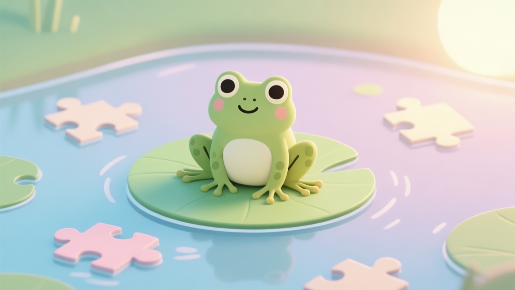 A cozy, minimalist illustration of a friendly cartoon frog sitting on a lily pad in a pastel-colored pond, surrounded by simple puzzle pieces and a soft glowing light, evoking a sense of calm and casual play high quality illustration, detailed, 16:9