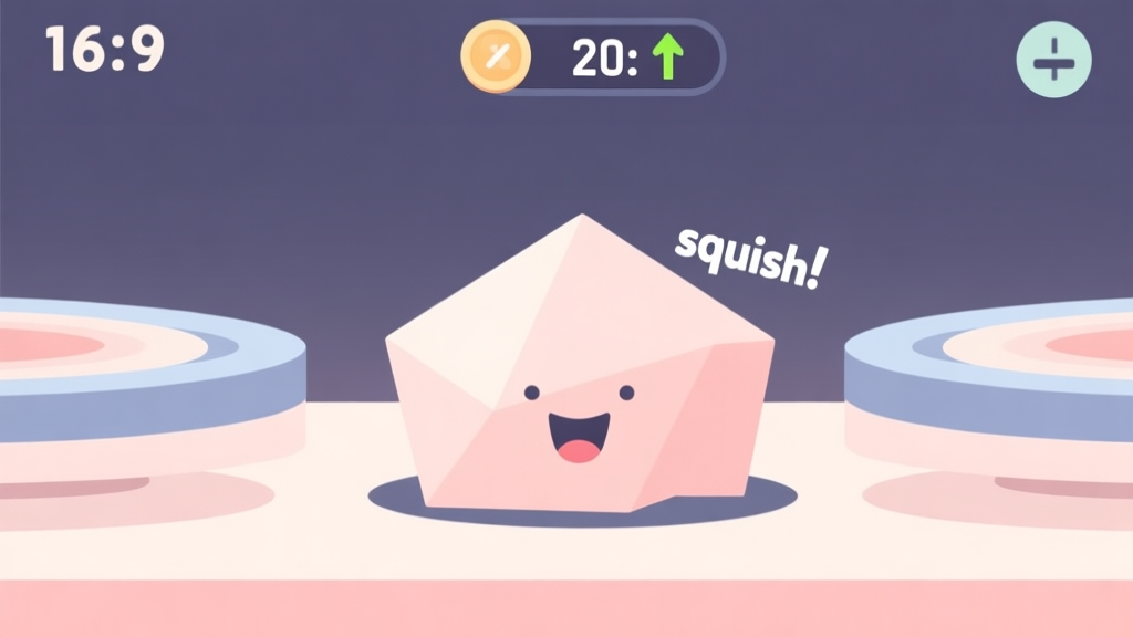 A minimalist, clean illustration of a game interface showing a soft, geometric shape being perfectly compressed between two plates, with a satisfying "squish" effect and a score counter ticking up, in a soft pastel color palette high quality illustration, detailed, 16:9