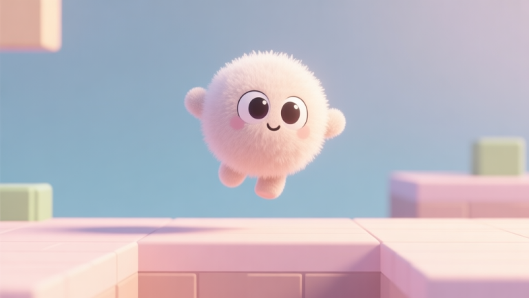 自动生成图片: A cute, fluffy ball character with large expressive eyes bouncing mid-air in a simple pastel-colored game level, soft lighting, minimalist background high quality illustration, detailed, 16:9