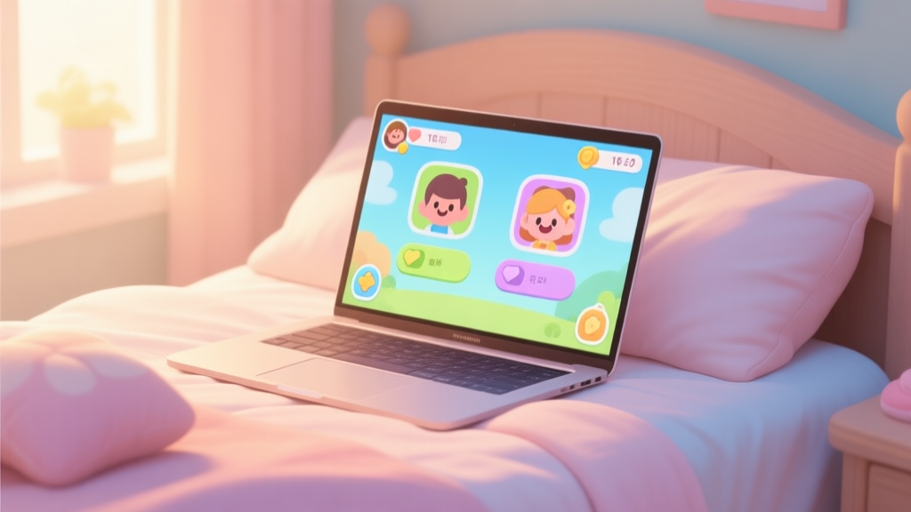 Cozy, inviting scene of a laptop on a bed with a pastel-colored game interface visible, showing friendly character portraits and dialogue choices, soft morning light, warm color palette high quality illustration, detailed, 16:9