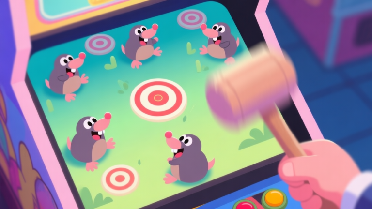 自动生成图片: A top-down view of a colorful arcade game screen showing multiple cartoon moles or targets popping up, with a hand holding a soft mallet in motion blur, soft pastel color palette, playful and dynamic lighting high quality illustration, detailed, 16:9