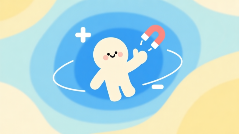 自动生成图片: A cute, minimalist character with a magnet for a hand floating in a pastel-colored abstract space, with simple plus and minus icons gently orbiting around it, soft blue and yellow color scheme, flat design high quality illustration, detailed, 16:9