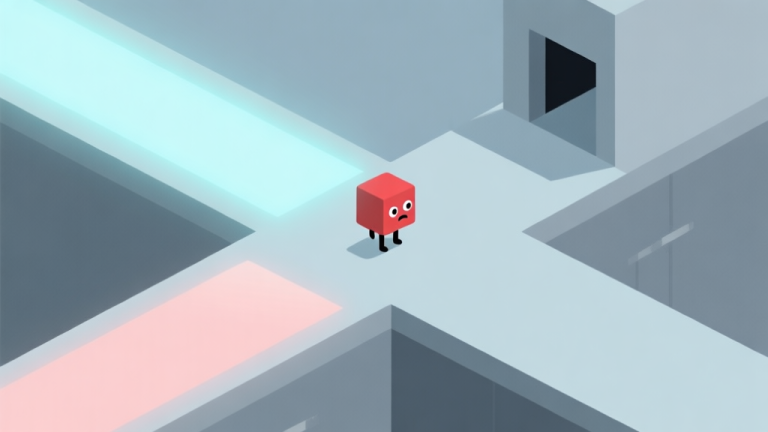 自动生成图片: A minimalist game scene showing a small red square character hesitating at a crossroads of platforms, with one path glowing deceptively and the correct path looking obscure, in a soft pastel color palette with grey and blue tones high quality illustration, detailed, 16:9