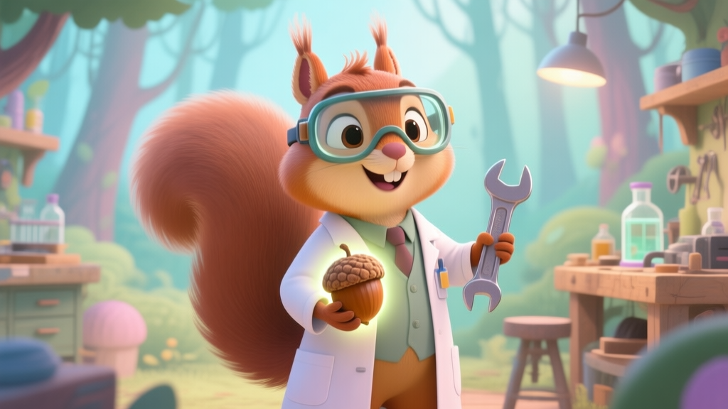 A friendly, intelligent squirrel character in a lab coat and goggles, holding a glowing acorn and a wrench, standing in a vibrant, whimsical forest workshop, soft pastel color palette high quality illustration, detailed, 16:9