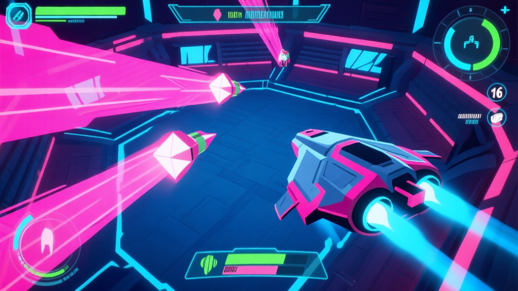 A dynamic, top-down view of a neon-lit cyberpunk arena from a video game, showcasing a player's sleek spaceship dodging geometric enemy projectiles, with vibrant pink and blue color trails, clean UI elements for health and energy visible high quality illustration, detailed, 16:9