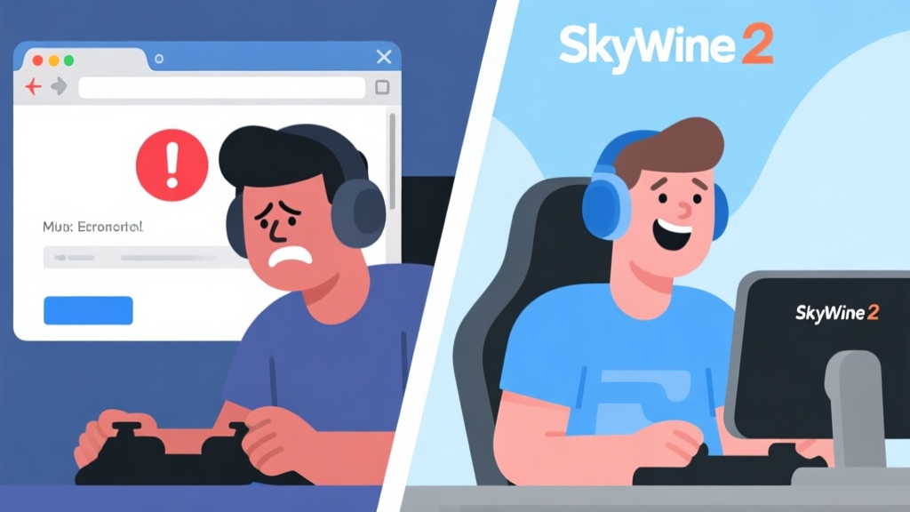 A split-screen illustration showing a frustrated gamer on the left with a browser error message, and a happy gamer on the right with Skywire 2 running smoothly, in a flat vector style with soft blues and grays high quality illustration, detailed, 16:9