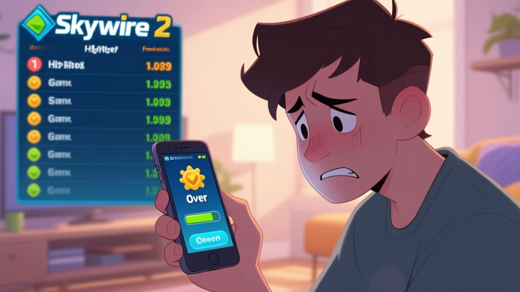 A frustrated player looking at a Skywire 2 game over screen on a mobile device, with a high score list in the background showing a much higher score from a friend, in a casual indoor setting, soft lighting high quality illustration, detailed, 16:9