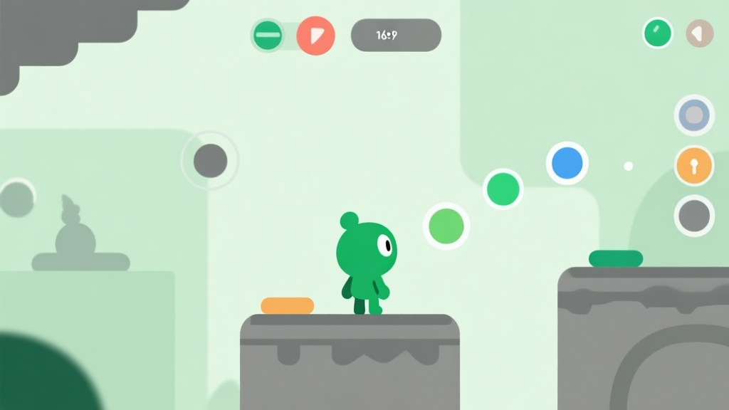 A minimalist game scene showing a small green character standing on a simple platform, looking at various interactive elements like buttons and moving obstacles, soft green and grey color palette, clean lines, flat design style high quality illustration, detailed, 16:9