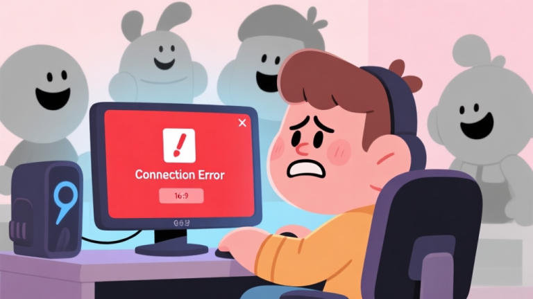 自动生成图片: A frustrated cartoon character sitting in front of a gaming monitor showing a red "Connection Error" pop-up, while other cheerful characters are grayed out in the background, soft pastel color palette high quality illustration, detailed, 16:9