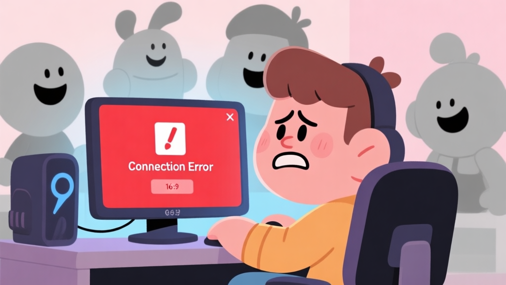 A frustrated cartoon character sitting in front of a gaming monitor showing a red "Connection Error" pop-up, while other cheerful characters are grayed out in the background, soft pastel color palette high quality illustration, detailed, 16:9