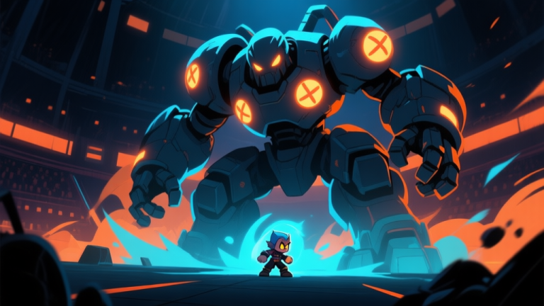 自动生成图片: A dynamic, stylized video game boss fight scene in a dark arena, a large mechanical boss with glowing weak points towering over a small player character in cover, soft neon blues and oranges, dramatic lighting, action game illustration style high quality illustration, detailed, 16:9