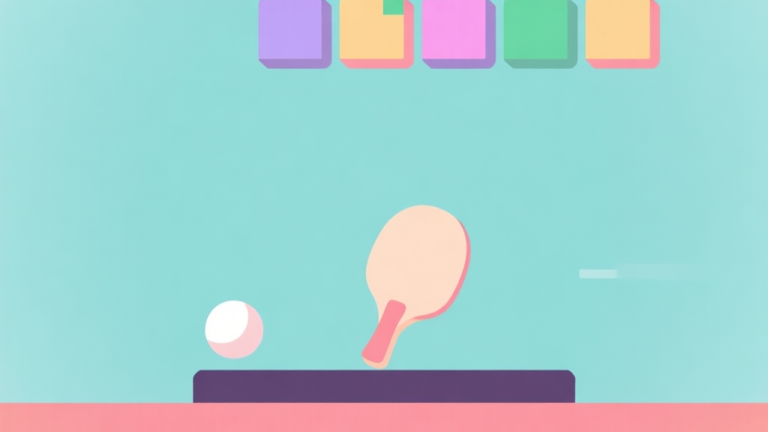 自动生成图片: A clean, minimalist video game screen showing a paddle at the bottom, a ball, and a few colorful blocks at the top, soft pastel colors, simple geometric shapes, flat design style high quality illustration, detailed, 16:9