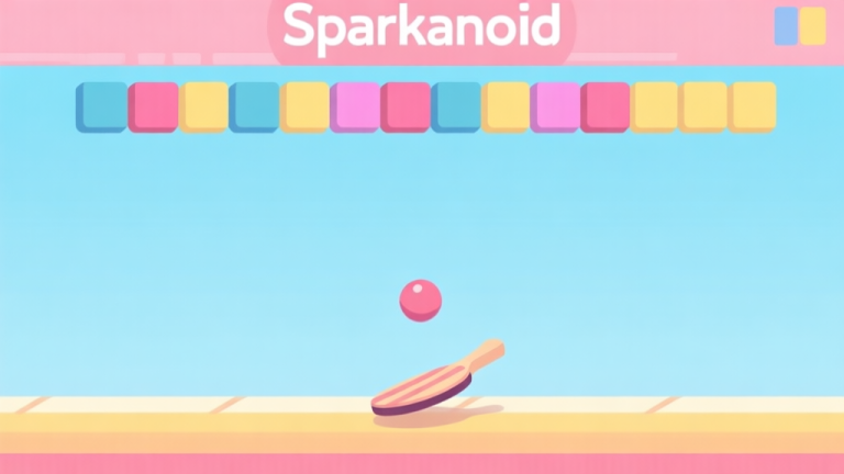 自动生成图片: A clean, minimalist illustration of the Sparkanoid game screen. A paddle at the bottom, a ball in mid-air, and rows of colorful blocks at the top. Soft pastel color scheme with a focus on light blues, pinks, and yellows. Flat design style. high quality illustration, detailed, 16:9